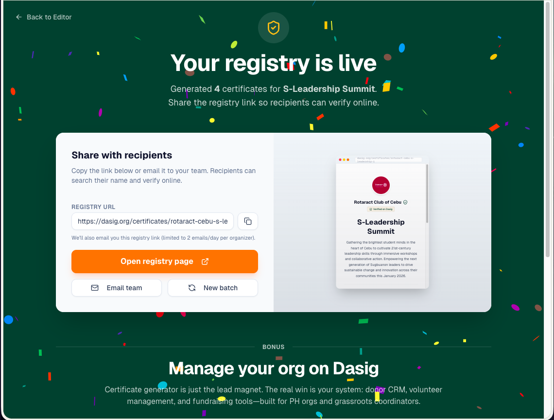 Certificate Generator - Success screen after generating certificates with registry link