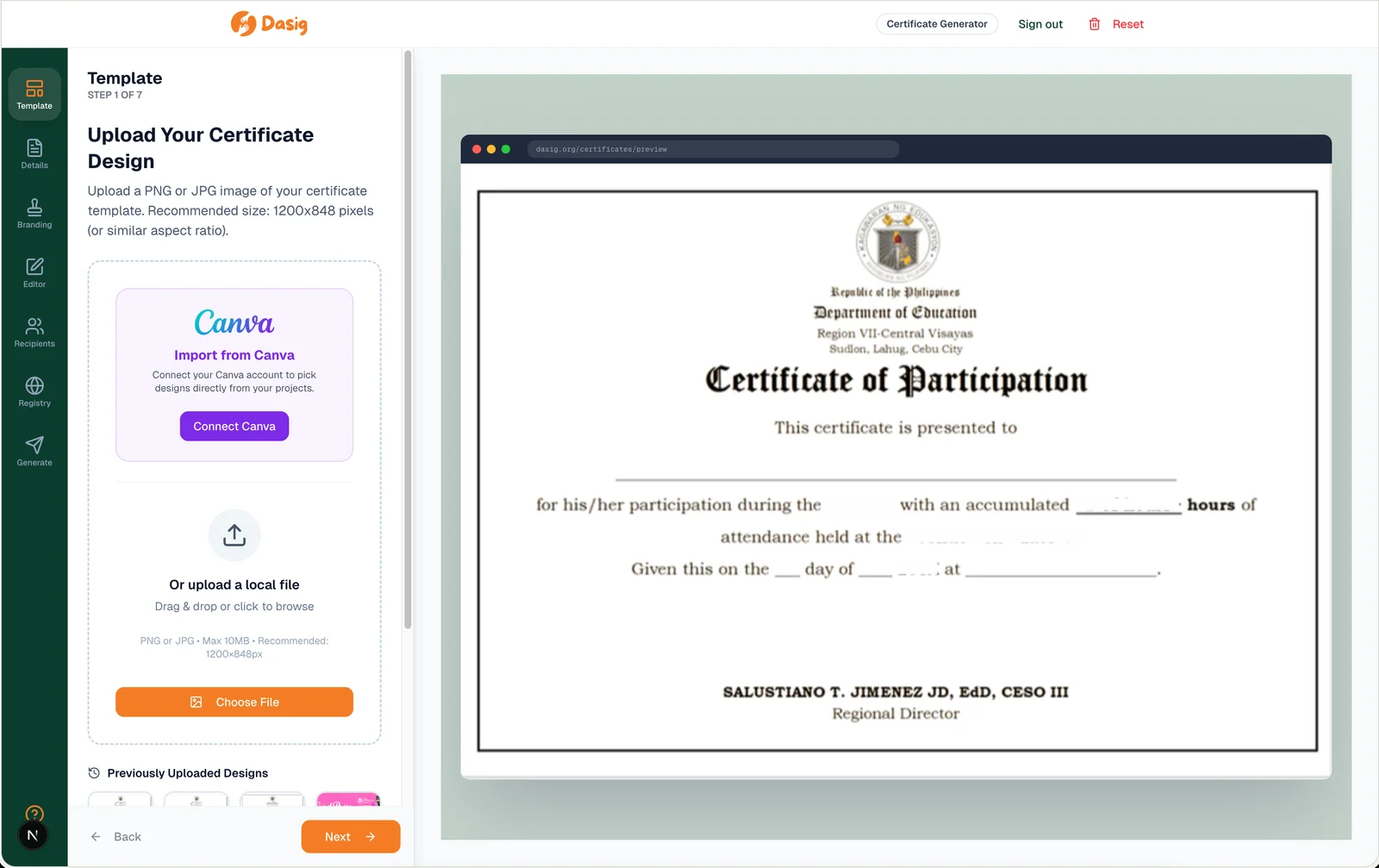 Import your Canva certificate design directly into Dasig